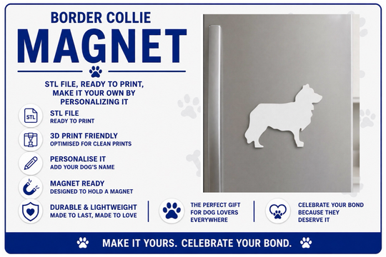 Silhouette of a Border Collie on a metal magnet with promotional text.