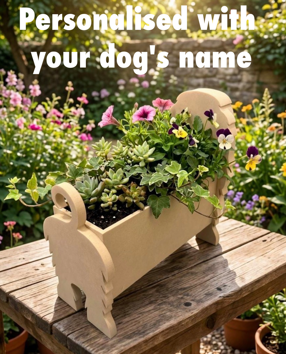 personalised Afghan Hound dog planter filled with flowers and greenery on a wooden table in a garden, 3D printed dog plant pot gift