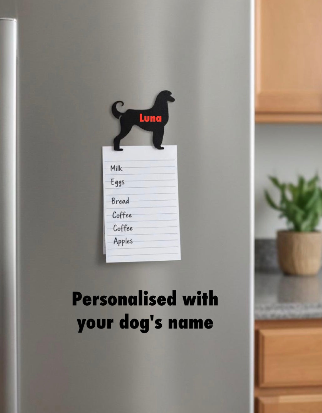 Personalised Afghan Hound dog magnet with custom name holding shopping list on fridge UK