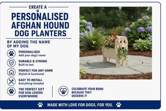 Advertisement for personalized Afghan Hound dog planters with a dog wearing a floral collar in a garden setting.