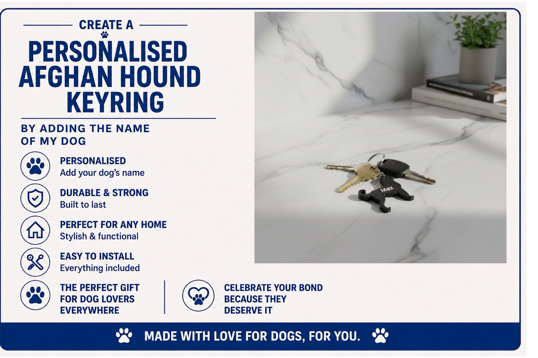 Advertisement for a personalized Afghan Hound keyring with text and images of keys on a marble surface.