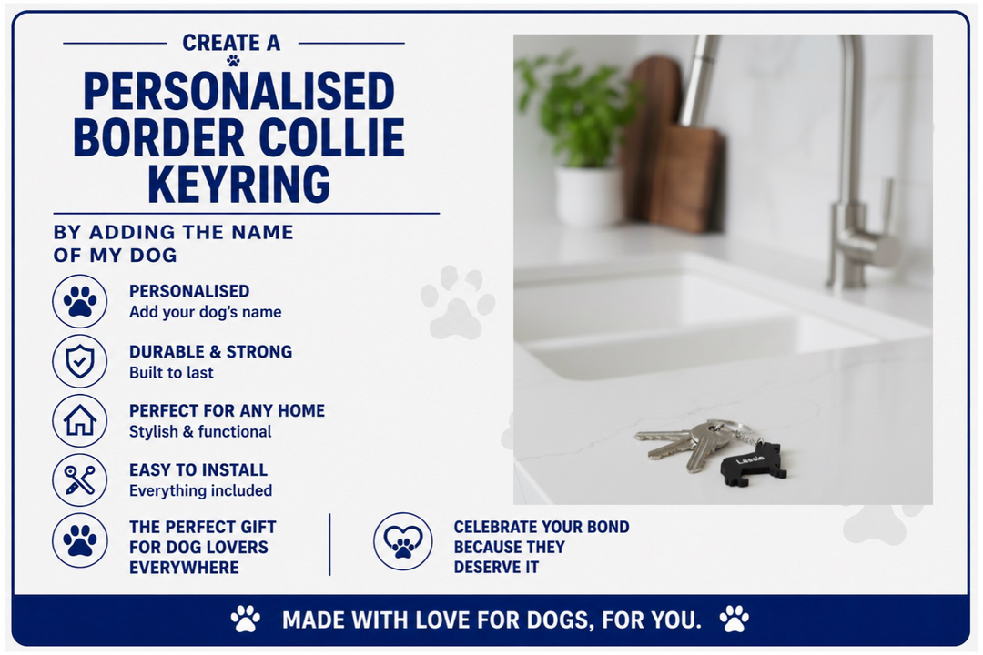 Advertisement for a personalized Border Collie keyring with a kitchen sink background.