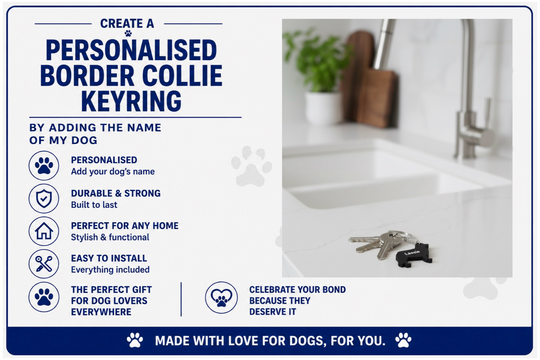 Advertisement for a personalized Border Collie keyring with a kitchen sink background.