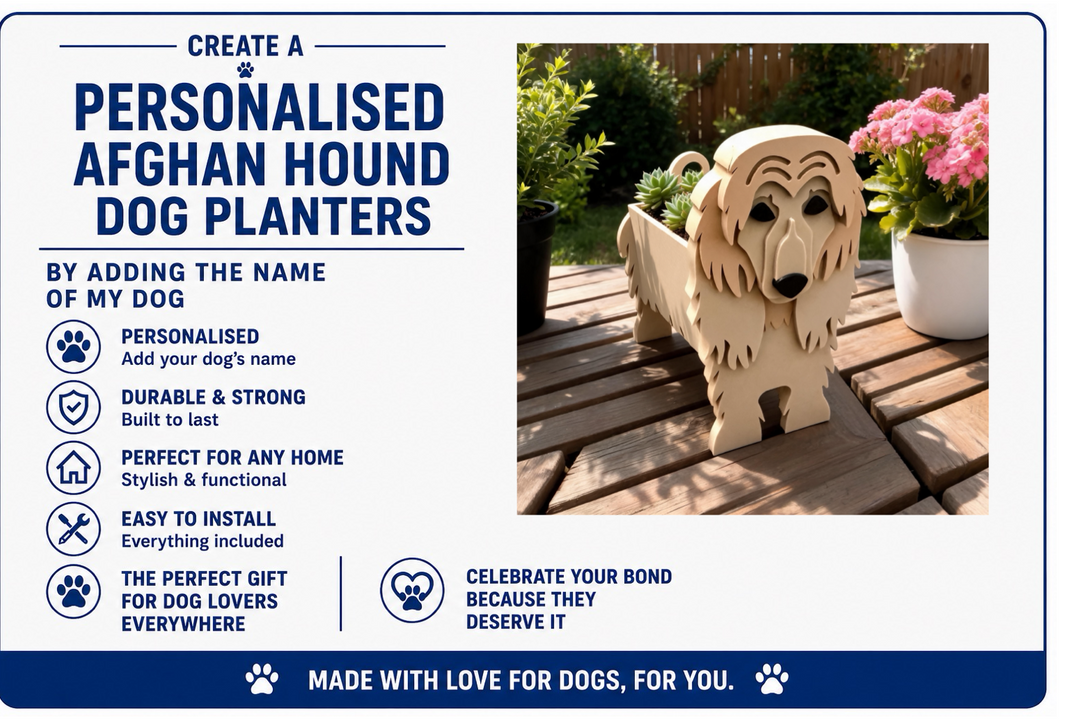 Personalised Afghan Hound dog planter on a wooden table with decorative elements.
