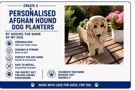 Personalised Afghan Hound dog planter on a wooden table with decorative elements.