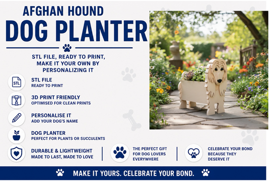 Afghan Hound dog planter with garden setting and product details on a white background