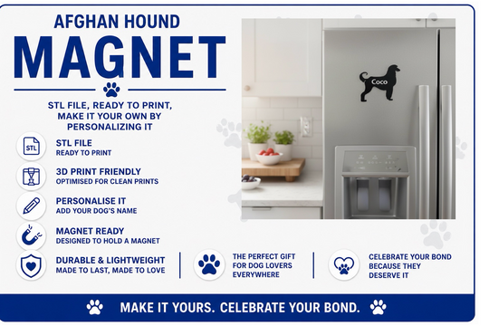 Afghan Hound magnet product description with a refrigerator and dog icon on a white background