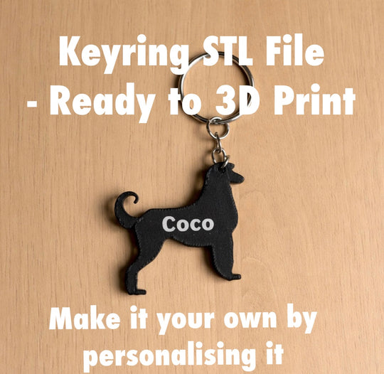 Black Afghan Dog keychain with 'Coco' on a wooden surface, labeled as a 3D print ready STL file.