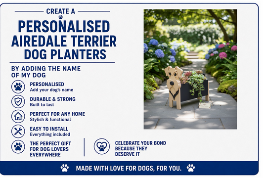 Advertisement for personalized Airedale Terrier dog planters with a photo of a dog planter in a garden.