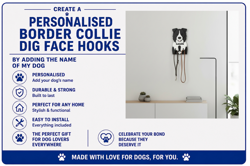 Advertisement for personalized Border Collie dog face hooks with product features listed.