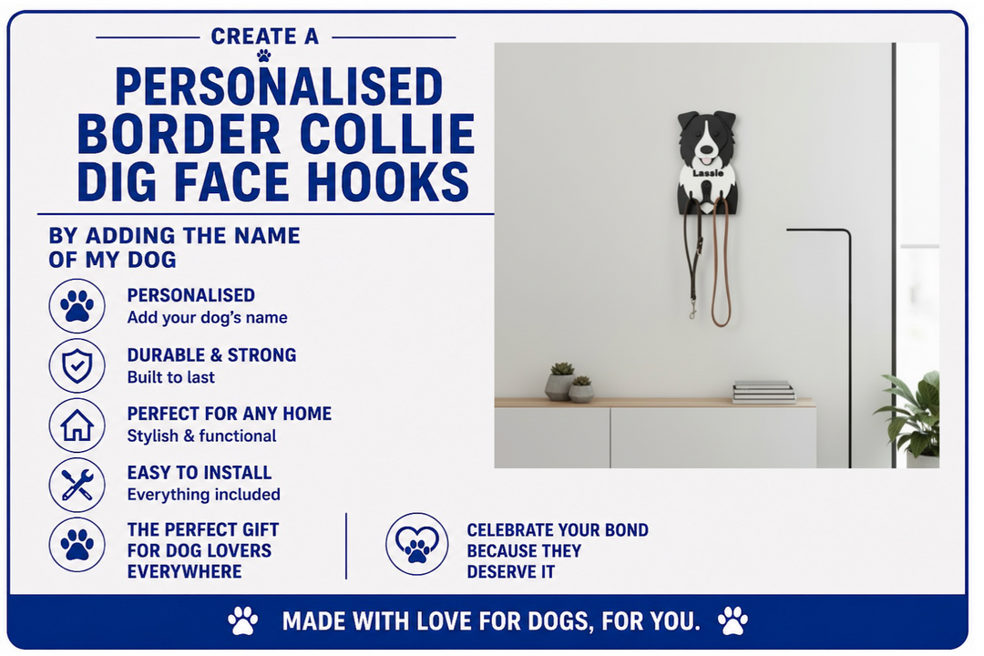 Advertisement for personalized Border Collie dog face hooks with product features listed.