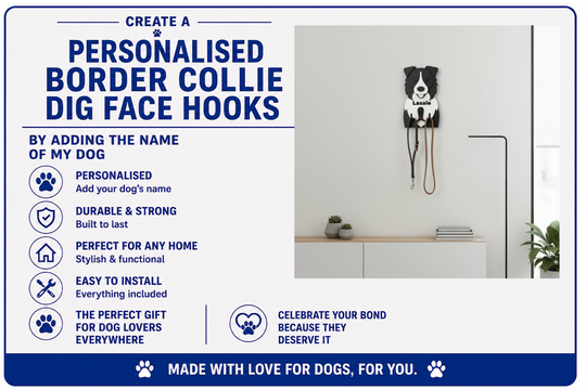 Advertisement for personalized Border Collie dog face hooks with product features listed.
