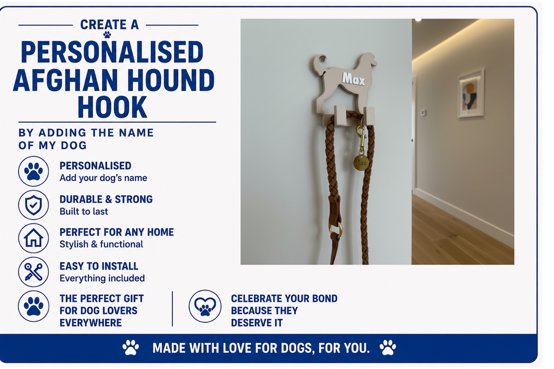 Personalised Afghan Hound hook with dog's name on a white wall.