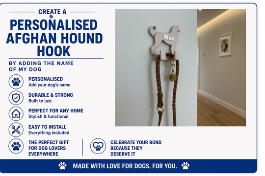 Personalised Afghan Hound hook with dog's name on a white wall.
