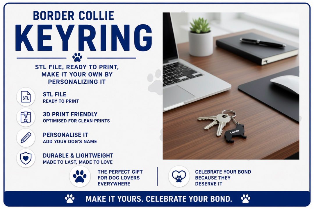 Advertisement for a Border Collie keyring with a laptop and keys on a desk.