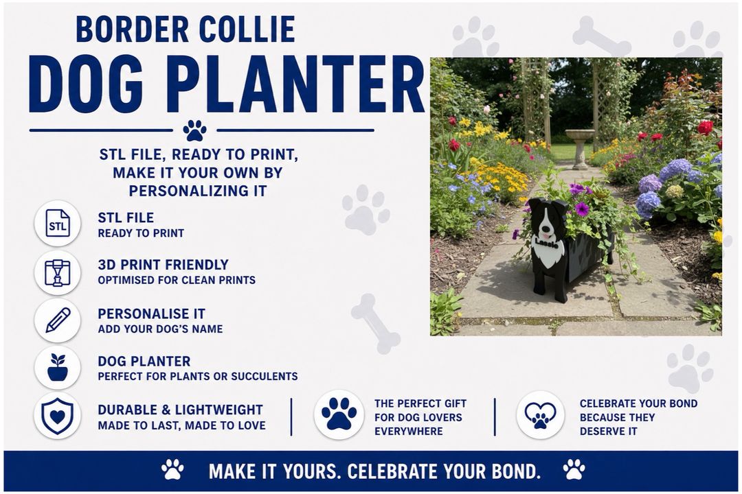Advertisement for a Border Collie dog planter with a photo of a dog in a garden.