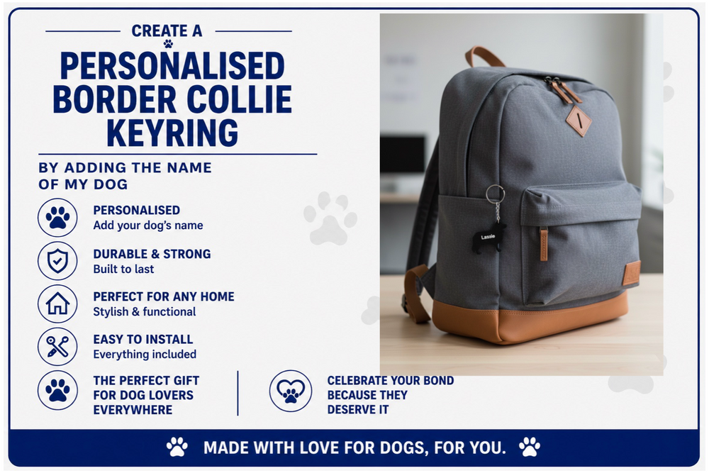 Gray backpack with brown accents on a light surface, promotional text for personalized border collie keyring.
