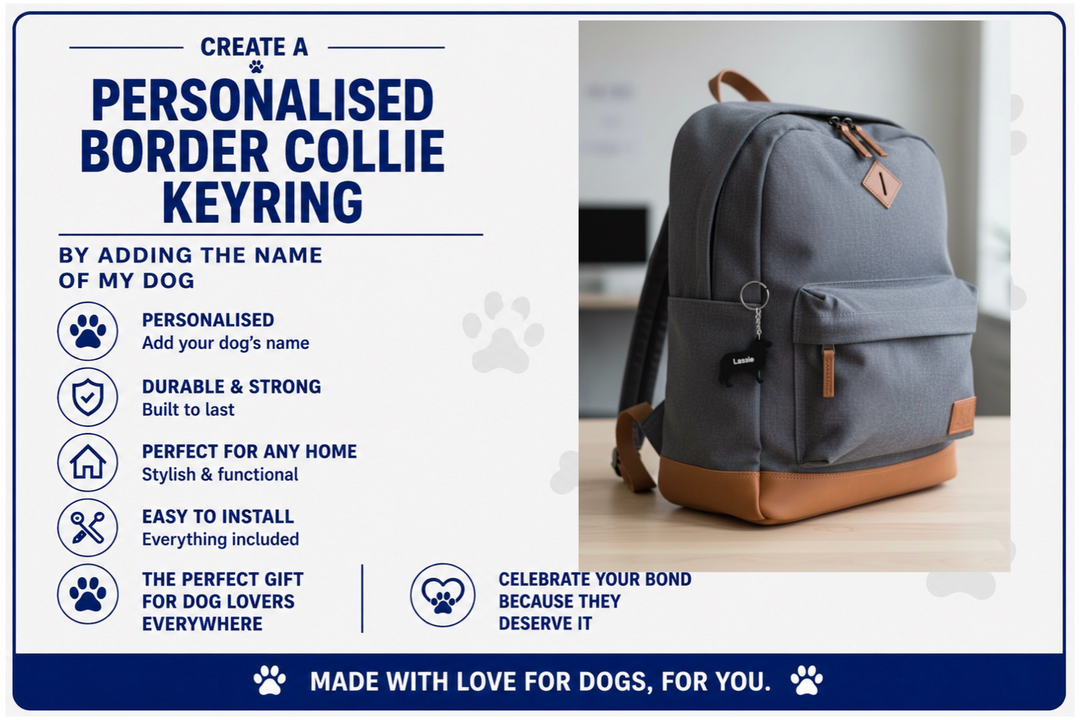 Gray backpack with brown accents on a light surface, promotional text for personalized border collie keyring.