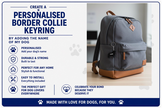 Gray backpack with brown accents on a light surface, promotional text for personalized border collie keyring.