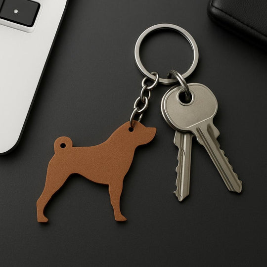 Keychain with dog-shaped tag and keys on a dark surface
