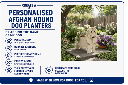 Advertisement for personalized Afghan Hound dog planters with a garden setting.