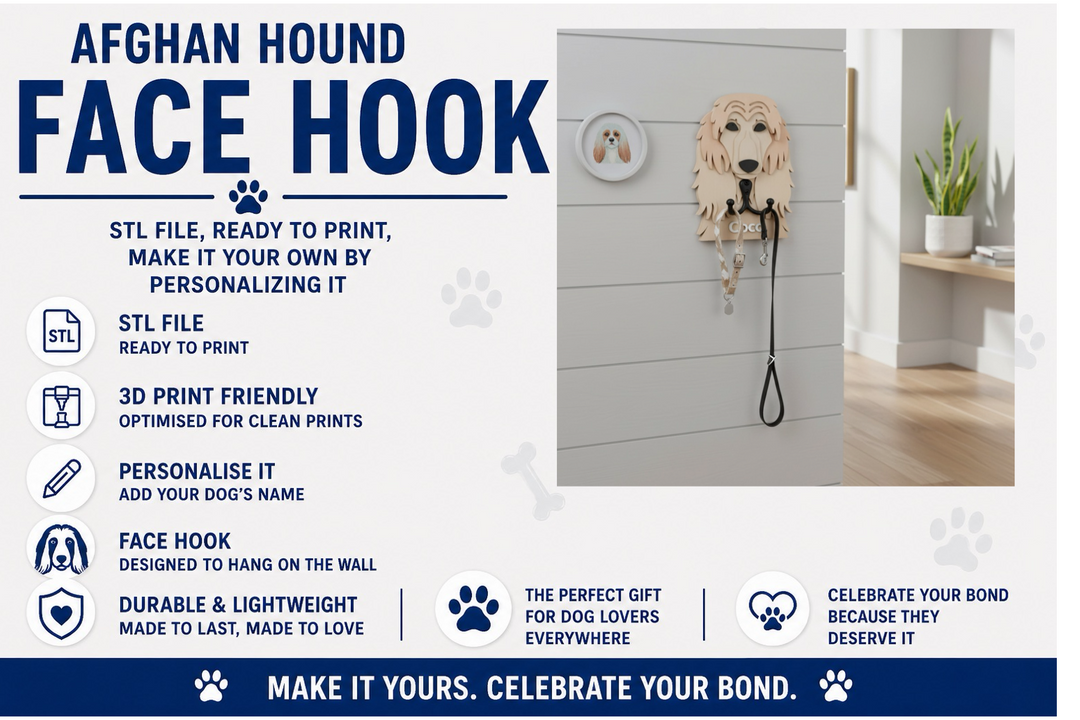 Afghan Hound face hook with product details on a white background