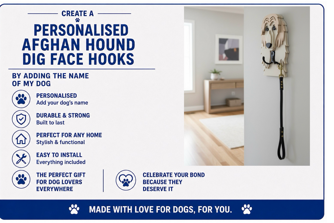 Advertisement for personalized Afghan Hound dog face hooks with product features listed.