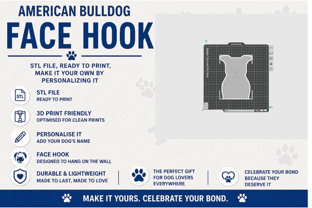 American Bulldog face hook design with text on a white background