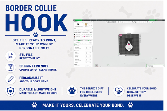 Advertisement for a Border Collie-themed hook with text about customization and product features.