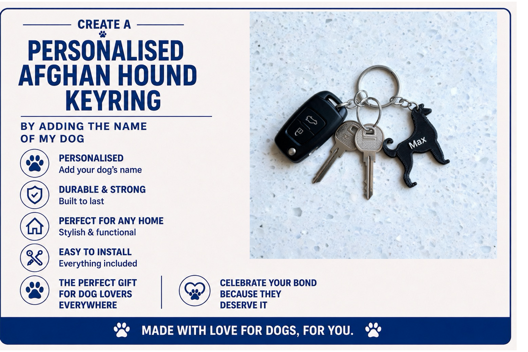 Personalised Afghan Hound keyring with keys on a textured surface