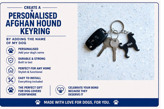 Personalised Afghan Hound keyring with keys on a textured surface