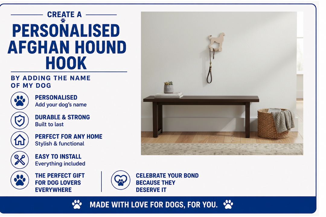 I Advertisement for a personalized Afghan Hound hook with product features and benefits.