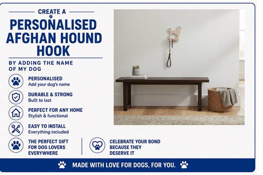I Advertisement for a personalized Afghan Hound hook with product features and benefits.