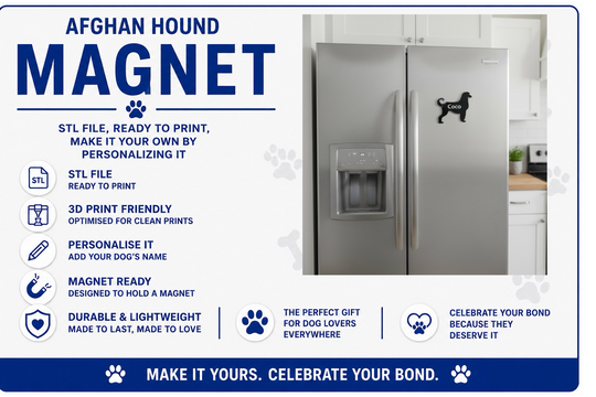 Advertisement for an Afghan Hound magnet with a refrigerator featuring a dog decal.