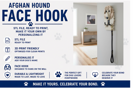 Afghan Hound face hook with product details on a white background