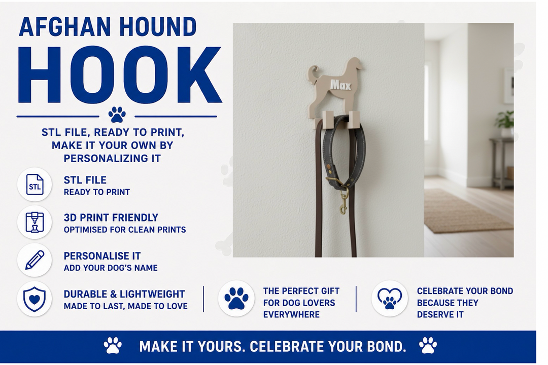 Afghan Hound hook with leashes on a white wall, promotional text about 3D printing and customization.