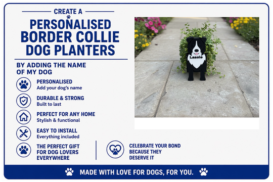 Advertisement for personalized border collie dog planters with a photo of a planter shaped like a dog on a sidewalk.