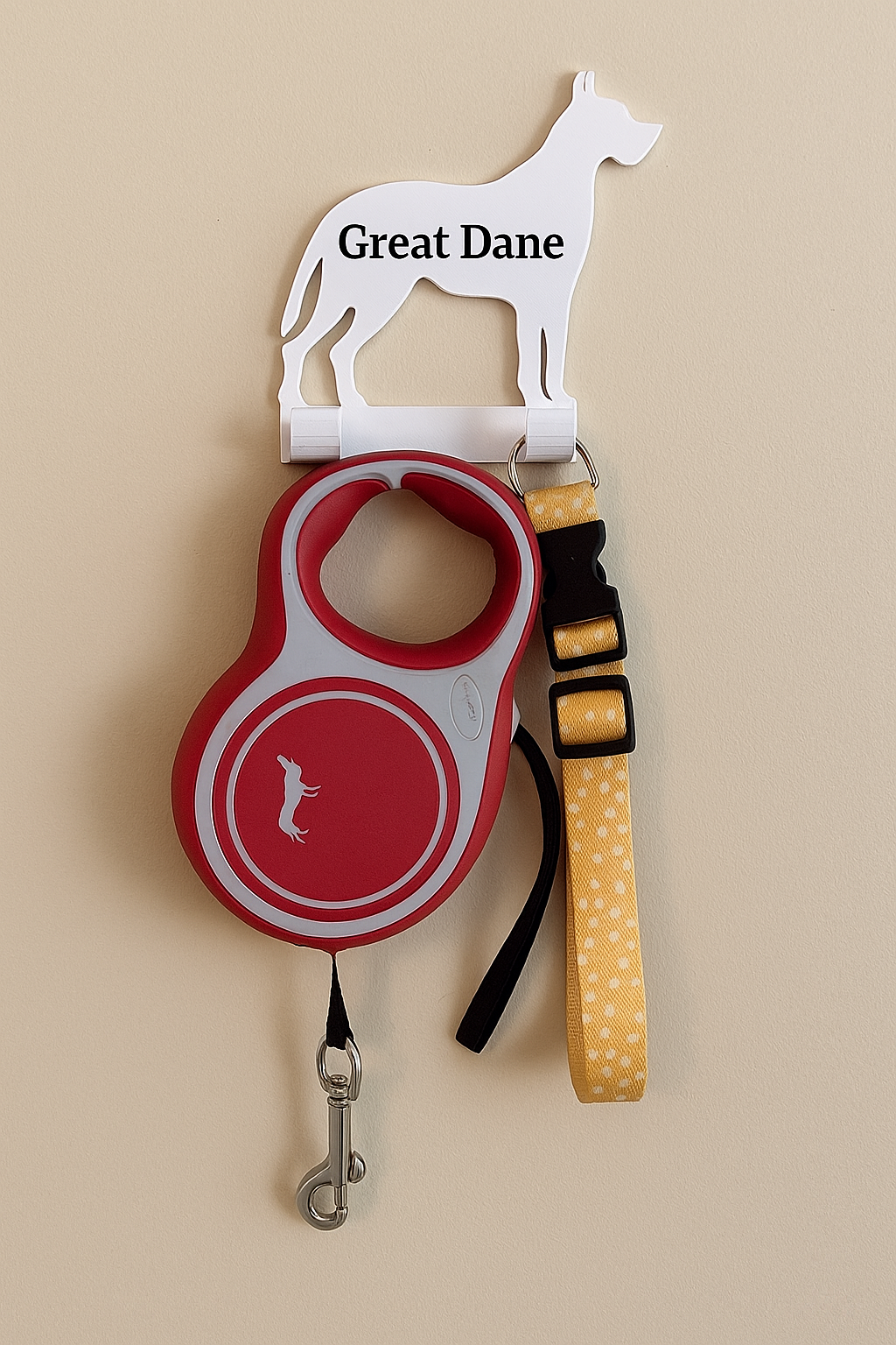 White 3D-printed wall hook shaped like a Great Dane with the label 'Great Dane'. The hook holds a red retractable dog lead and a yellow polka dot dog collar, mounted on a light beige wall. Perfect for dog lovers looking for breed-specific leash holders."

Let me know if you want versions tailored to keywords like “Great Dane leash hanger” or “custom dog hook