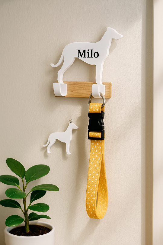 GreyHound Lead Hook – Personalised Dog Wall Hook, 3D Printed Leash Holder With Free Dog Keyring, Dog Mum Gift