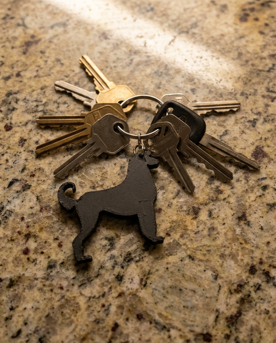 Black 3D printed Afghan Hound dog keyring shown with a set of keys on a granite countertop.