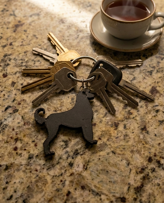 Afghan Hound dog keyring STL 3D print shown on a keyring with keys on a granite countertop next to a cup of tea.