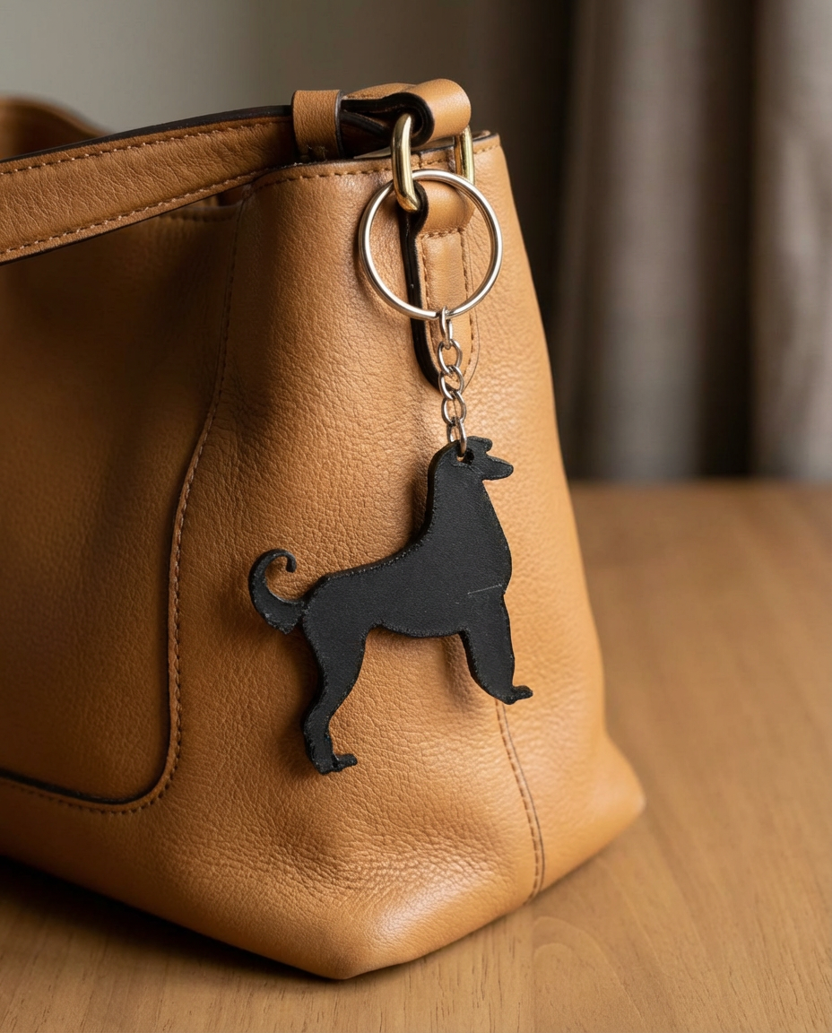 Afghan Hound dog keyring STL 3D print shown hanging on a tan leather handbag.