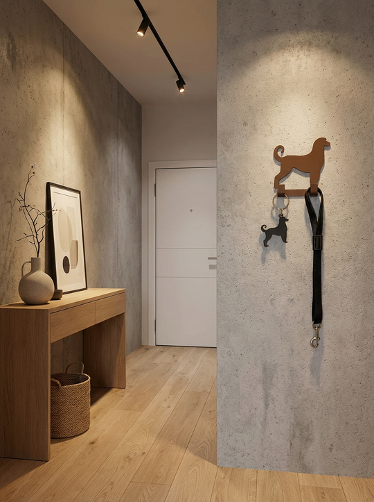 Afghan Hound dog wall hook displayed in a modern hallway, showing the 3D printed dog lead holder mounted on the wall.