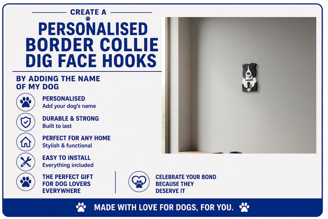 Advertisement for personalized Border Collie dog face hooks with a sample hook on a wall.