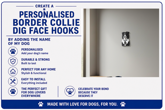 Advertisement for personalized Border Collie dog face hooks with a sample hook on a wall.