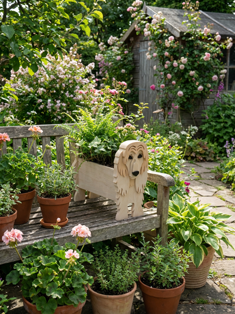 Personalised 3D-printed Afghan Hound dog planter filled with garden plants, displayed on a rustic wooden bench in a lush cottage garden.