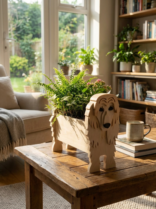 3D Printed Afghan Hound dog-shaped planter displayed on a rustic coffee table in a cozy living room with plants and sunlight in the background.
