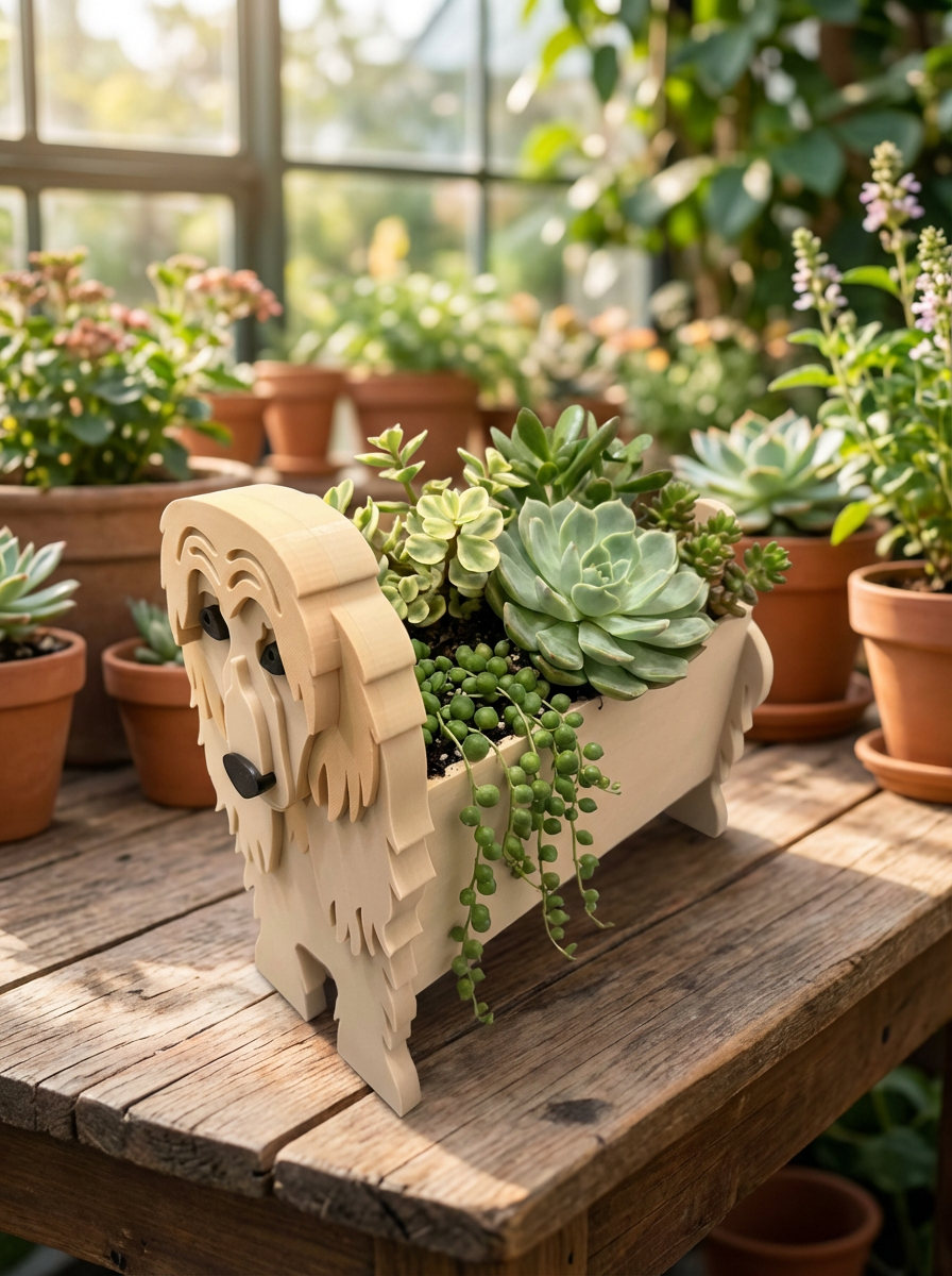 Personalised 3D-printed Afghan Hound dog planter filled with succulents, displayed on a rustic wooden table in a sunlit greenhouse.