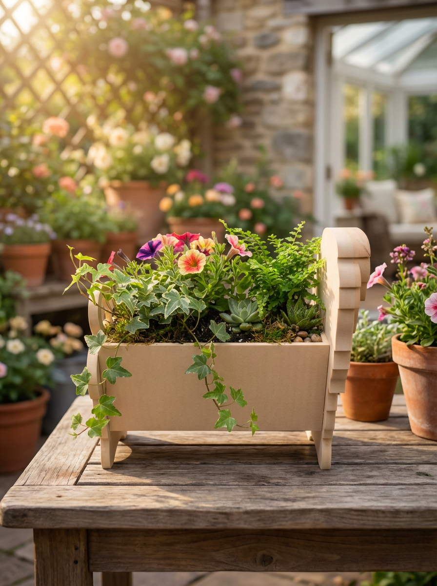 Personalised 3D-printed Afghan Hound dog planter filled with colourful flowers, displayed on a rustic wooden table in a bright garden setting.