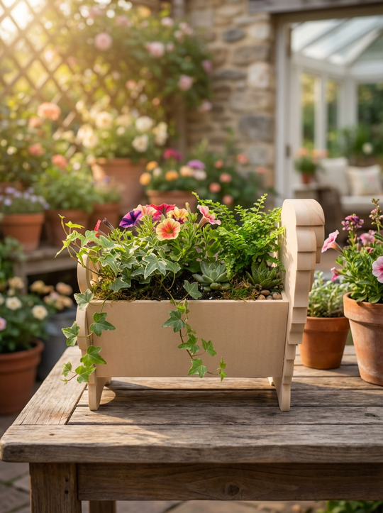 Personalised 3D-printed Afghan Hound dog planter filled with colourful flowers, displayed on a rustic wooden table in a bright garden setting.